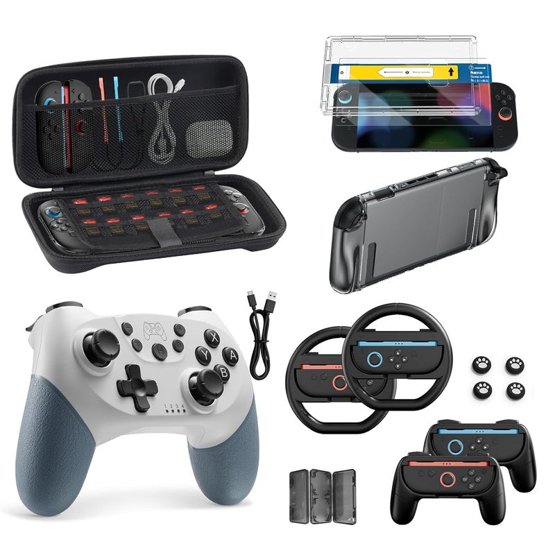 BINBOK Pro Controllers Accessories Bundle for Nintendo Switch 2 18-in-1: Carrying Case, Screen Protector, Thumb Grip for Joycon, Dockable Console Protective Cover Shell, Steering Wheel, 2025 Switch2 Game Kit (White-Grey Controller (Leather Wrapped)) - Image 1